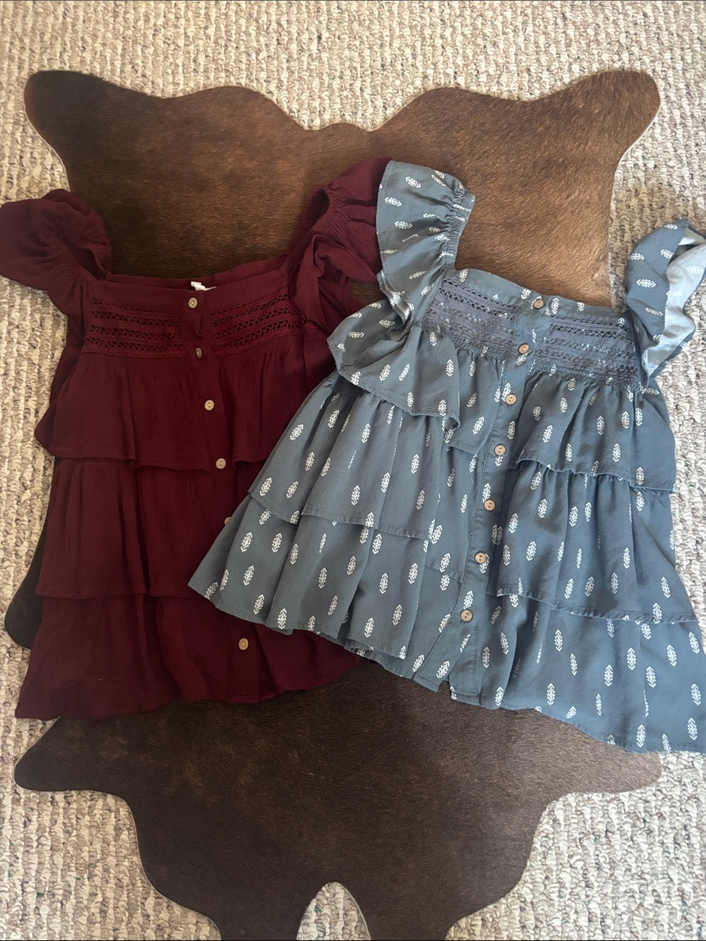 Tiered Ruffle Button-Front Blouse — Burgundy & Dusty Blue Maurices Brand Blouses